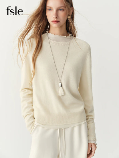 Damen Pullover Rundhals Langarm Strickpullover Rippbündchen