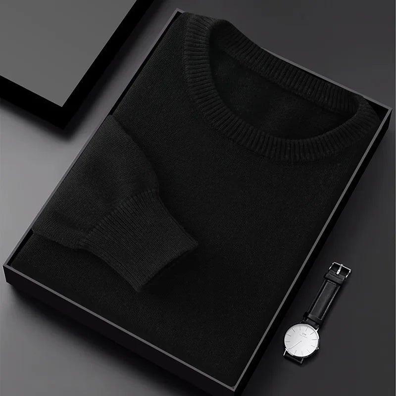 Pullover da uomo con scollo rotondo, in maglia, tinta unita, a maniche lunghe