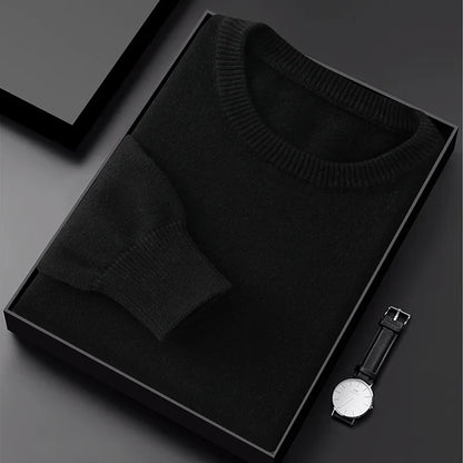 Pullover da uomo con scollo rotondo, in maglia, tinta unita, a maniche lunghe