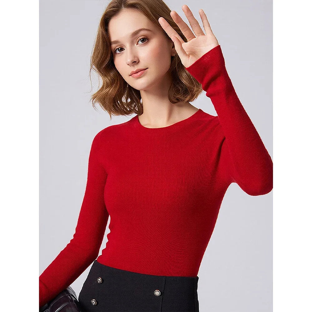Damen Langarm Pullover Rundhals Rippstrick Optik Slim Fit