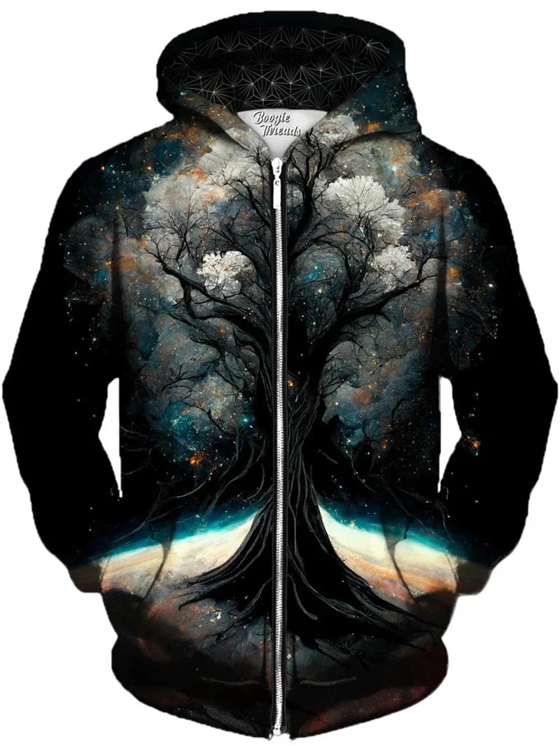 Hoodie mit Reißverschluss & farbigem Baum-Print, bunt