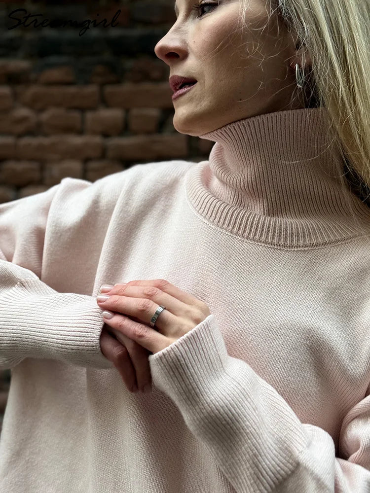 Dolcevita oversize da donna, maglione lavorato a maglia a maniche lunghe