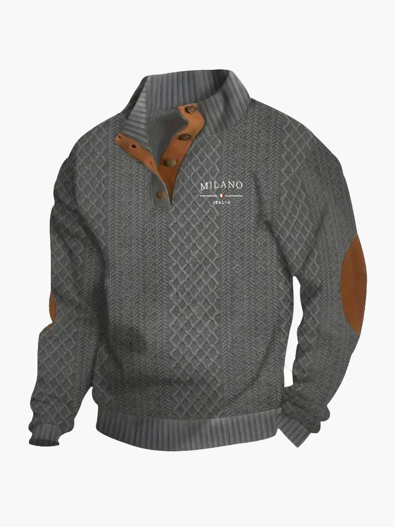 Heren gebreide trui Milano Italia vintage stijl met knoopsluiting en elleboogpatches – Vrijetijd & elegantie