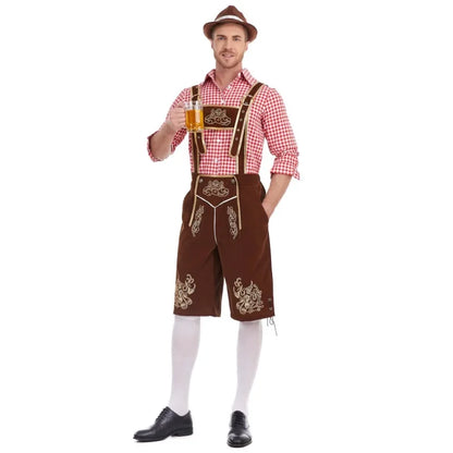 Herren Trachten Lederhose mit Hemd und Hosenträgern Geringeltes Karo-Muster