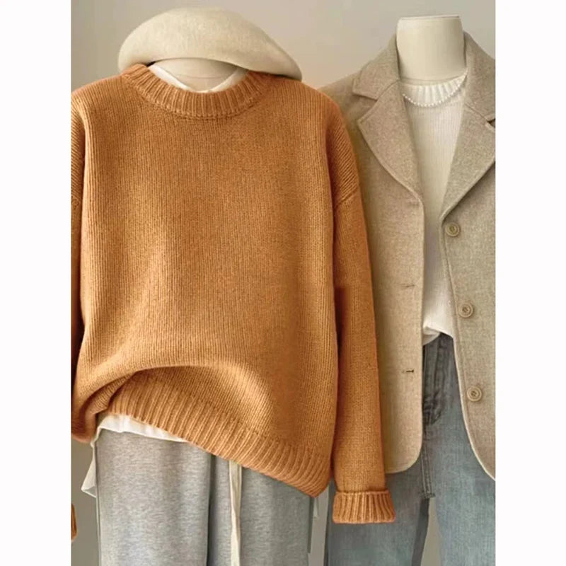 Pull en grosse maille pour femme, col rond, manches longues