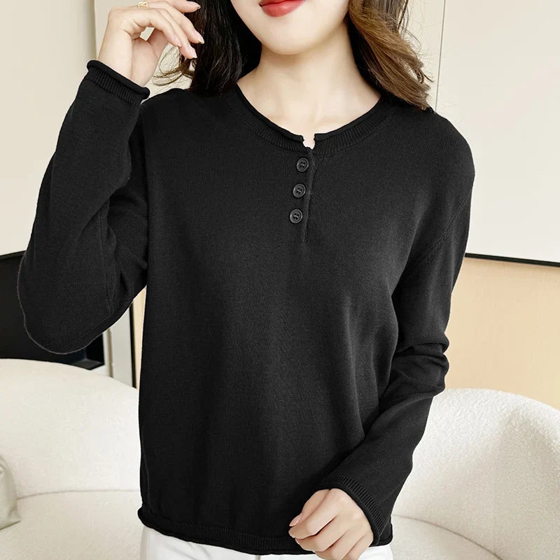 Damen Langarmshirt mit Knopfleiste, V-Ausschnitt, Feinstrick