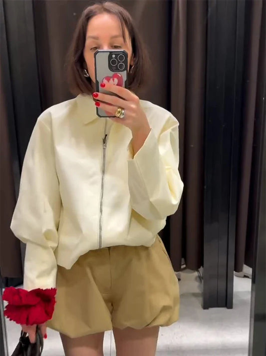 Damen Jacke mit Reißverschluss, Cremeweiß, Oversize-Passform, Bubikragen