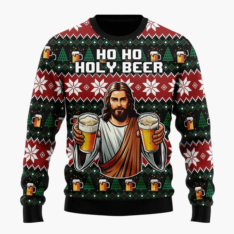 Herren Weihnachtspullover Lustig – Santa mit Bier, Ugly Christmas Sweater für Männer, Party & Festtage