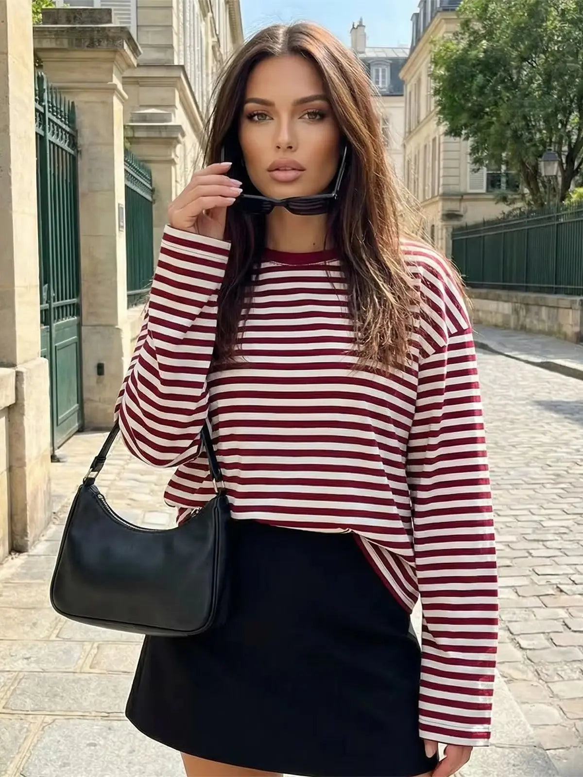 Haut rayé à manches longues pour femmes, col rond, crop top