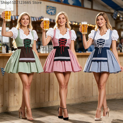 Dame-minikjole i dirndl-stil, rutete tradisjonskjole, festkjole, blå, grønn, rød