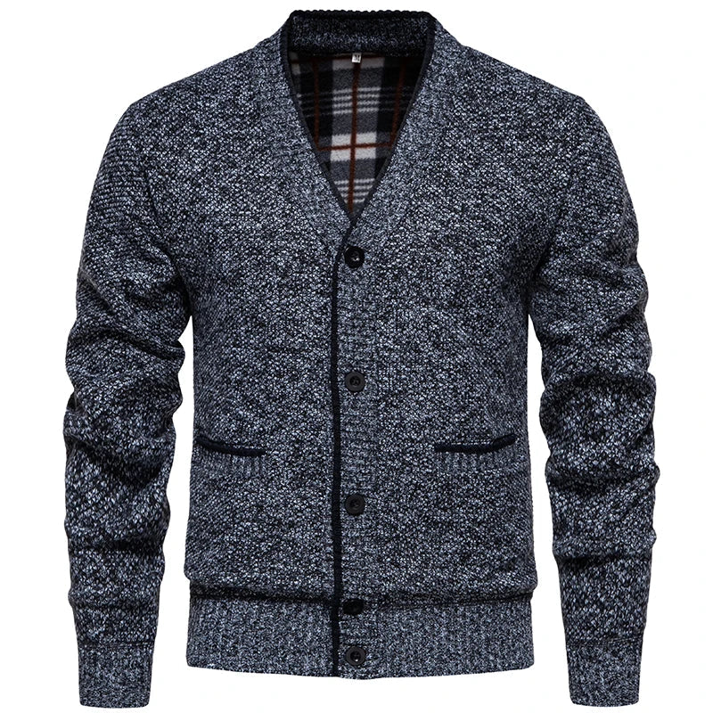 Cardigan da uomo in maglia mélange con scollo a V, abbottonatura e tasche