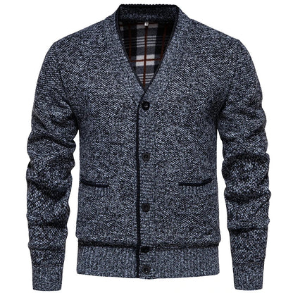 Cardigan da uomo in maglia mélange con scollo a V, abbottonatura e tasche