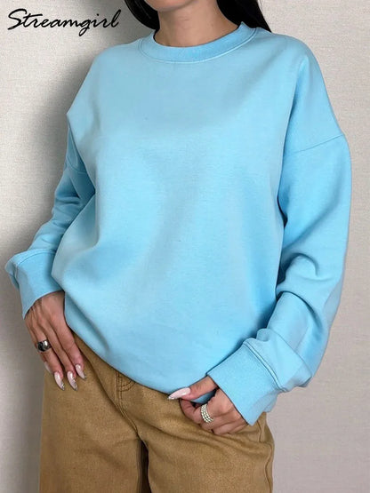 Felpa unisex oversize a maniche lunghe con scollo rotondo, tinta unita