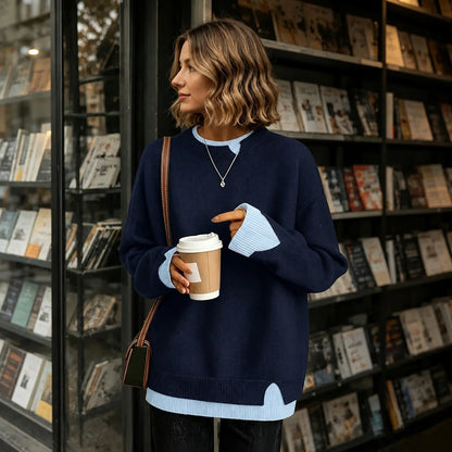 Damen Strickpullover Rundhals Langarm Oversize