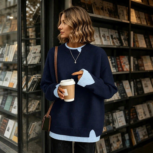 Damen Strickpullover Rundhals Langarm Oversize