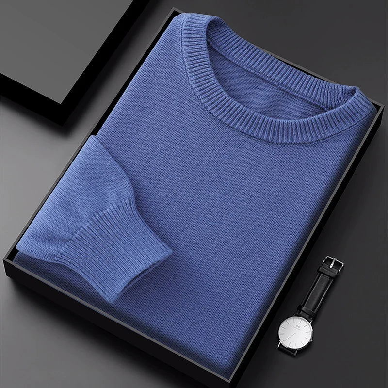Pullover da uomo con scollo rotondo, in maglia, tinta unita, a maniche lunghe