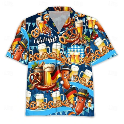 Męska koszula z krótkim rękawem, motyw Oktoberfestu, piwo, precel, kiełbasa, żółta