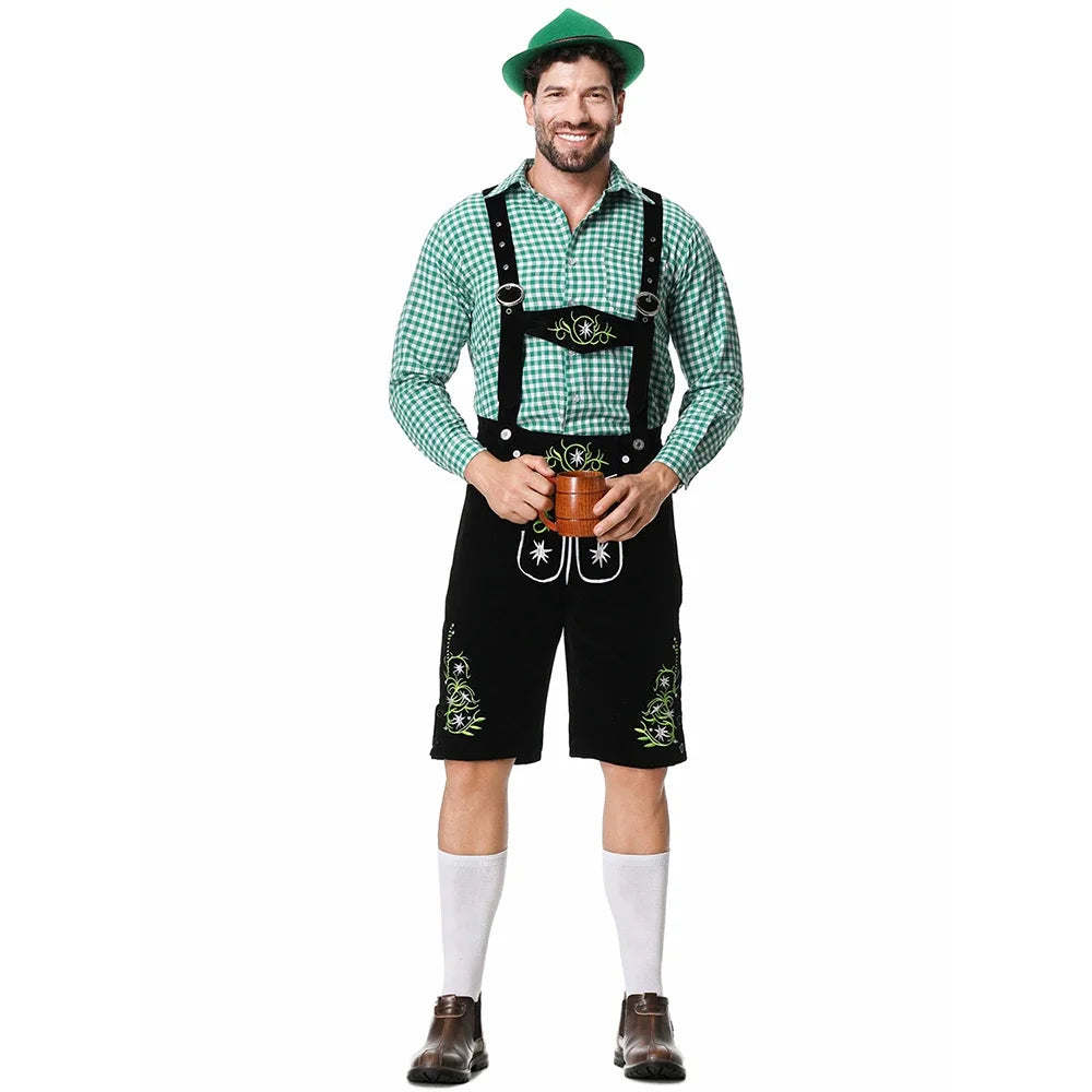 Herenklederdrachtset met geruit overhemd, leren broek en borduursel in groen en bruin
