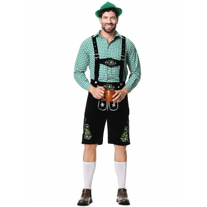 Herenklederdrachtset met geruit overhemd, leren broek en borduursel in groen en bruin