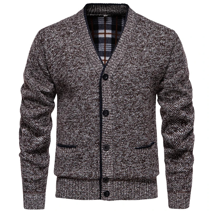 Cardigan da uomo in maglia mélange con scollo a V, abbottonatura e tasche