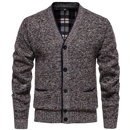 Cardigan da uomo in maglia mélange con scollo a V, abbottonatura e tasche