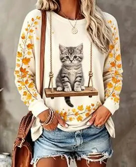 Damen Langarmshirt mit Tier- und Herbstlaub-Print