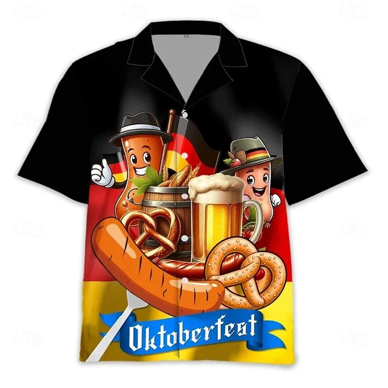 Męska koszula z krótkim rękawem, motyw Oktoberfestu, piwo, precel, kiełbasa, żółta