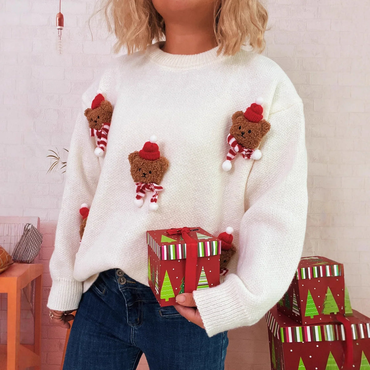 Weihnachtspullover mit Teddybär-Applikationen Rot Rundhalsausschnitt Damen