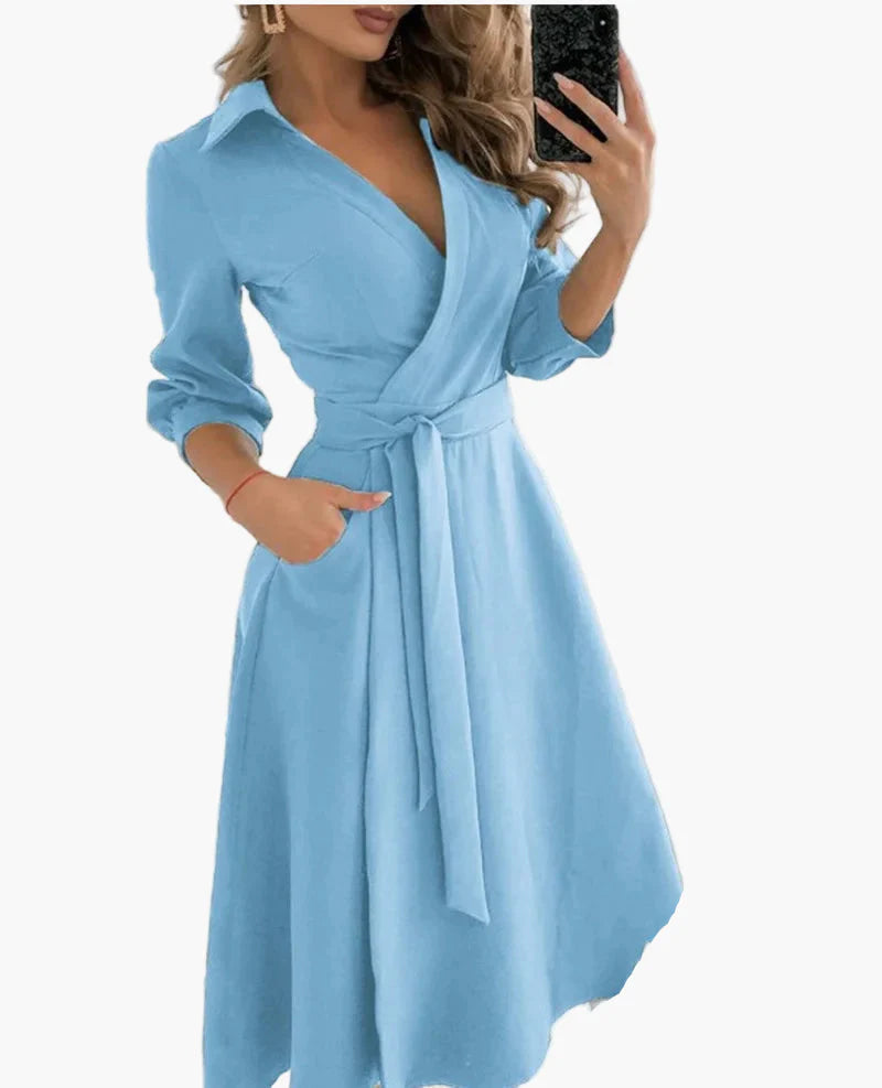 Damen Wickelkleid mit Gürtel und Kragen – Eleganter Alltags- & Büro-Look