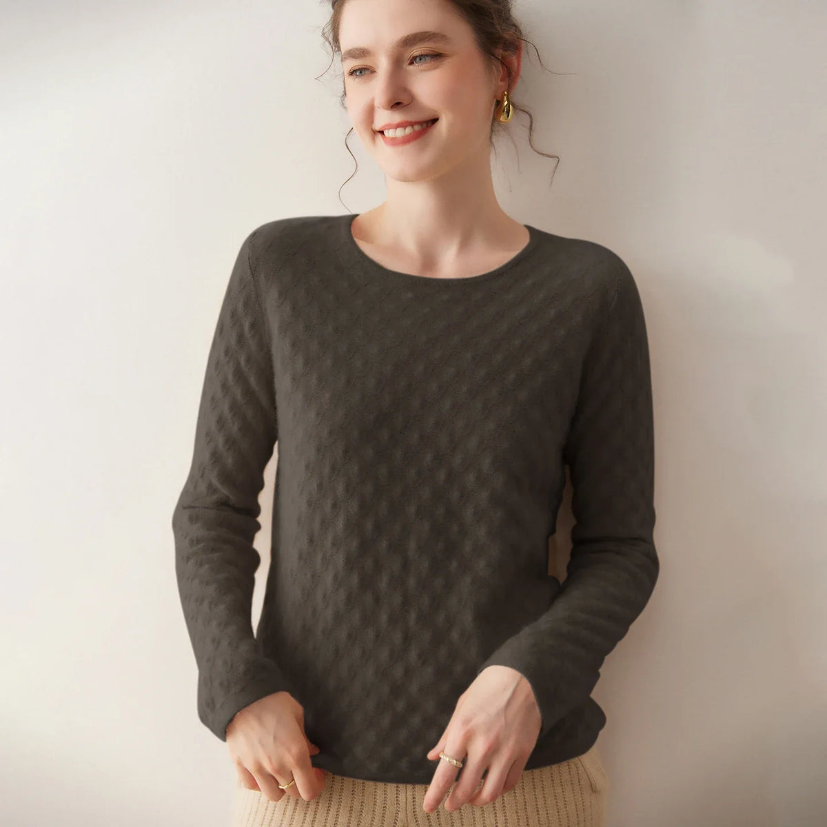 Damen Langarm Pullover mit Rundhalsausschnitt und Strukturmuster