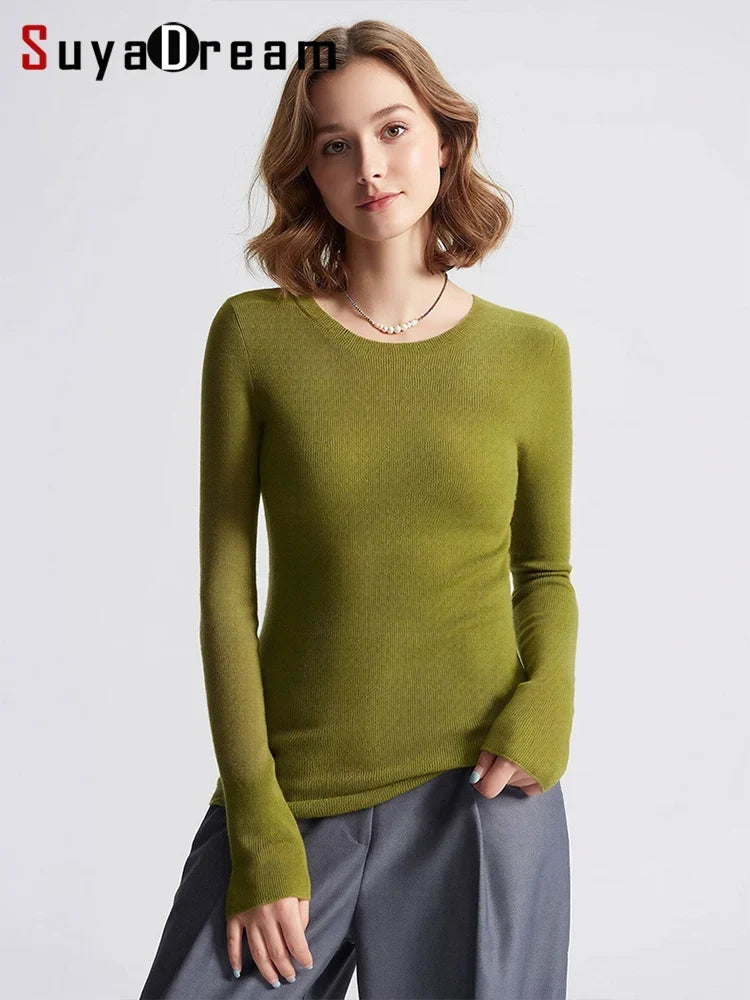 Damen Langarm Pullover Rundhals Rippstrick Optik Slim Fit