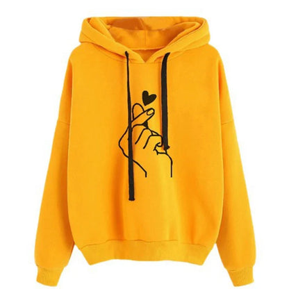 Dameshoodie geel met 'vingerhart'-print, capuchon en trekkoord