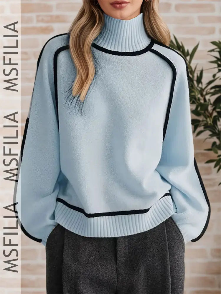 Damen Rollkragenpullover Strickpullover mit Kontraststreifen Langarm