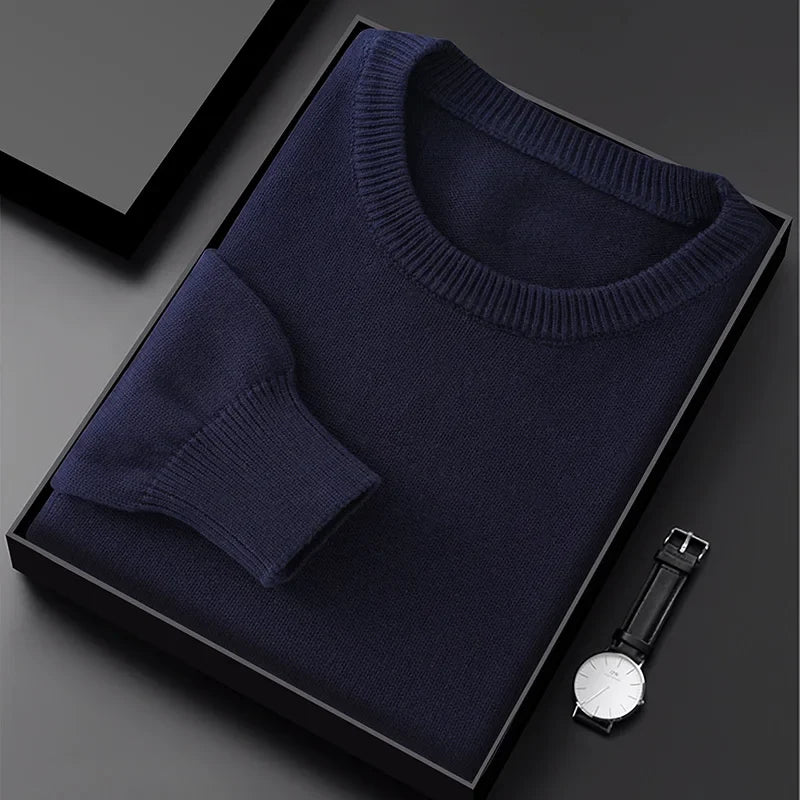 Pullover da uomo con scollo rotondo, in maglia, tinta unita, a maniche lunghe