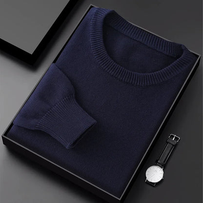 Pullover da uomo con scollo rotondo, in maglia, tinta unita, a maniche lunghe