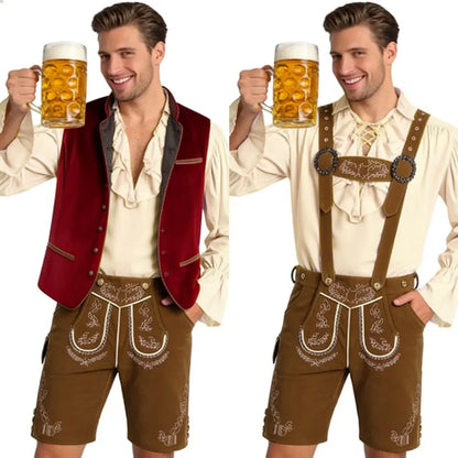 Ensemble pour homme composé d’une chemise traditionnelle à volants, d’un gilet traditionnel en velours et d’un pantalon en cuir