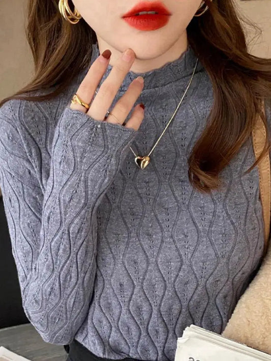 Pull en maille pour femme à col montant, manches longues, motif texturé, gris