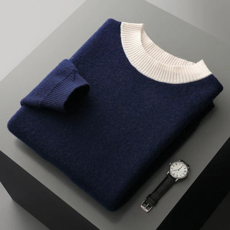Jersey de punto para hombre, cuello redondo, manga larga y rayas en contraste