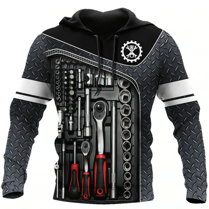 Herren Kapuzenpullover Mechanic Maschinenmotiv Hoodie Schwarz Grau