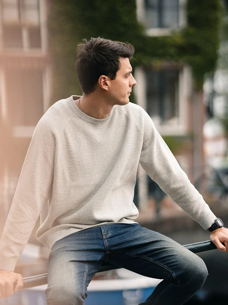 Herren Pullover Rippstrick Blau Rundhalsausschnitt