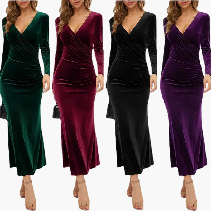 Damen Elegantes Langarm Maxikleid Wickeloptik Festlich Abendmode