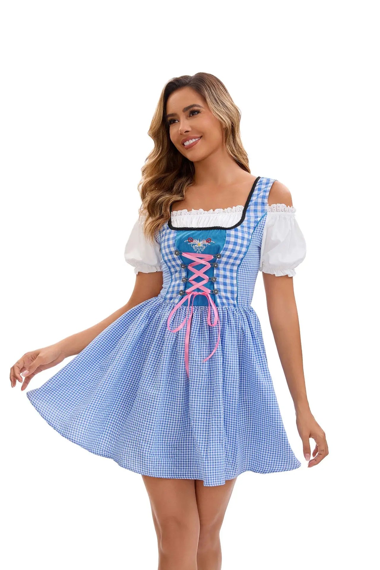 Damesdirndl blauw geruit en effen met schort, schoudervrij