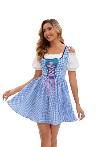 Damesdirndl blauw geruit en effen met schort, schoudervrij