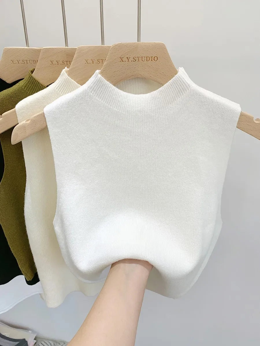 Ärmelloses Stricktop Damen Stehkragen Rippstrick Tanktop