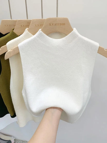Ärmelloses Stricktop Damen Stehkragen Rippstrick Tanktop