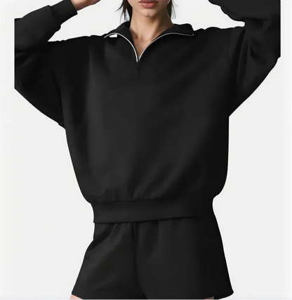 Damen Loungewear Set Hellgrau mit Reißverschluss-Sweatshirt und Shorts