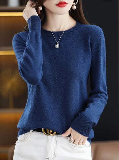 Damen Pullover Rundhals Langarm Strickpullover Einfarbig