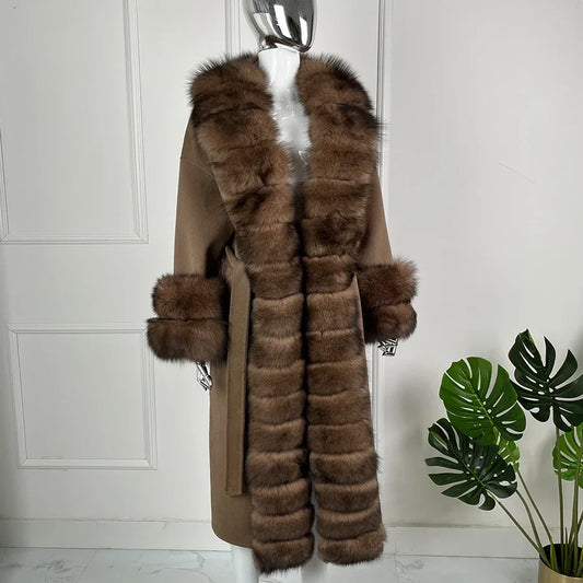 Manteau d'hiver pour femme avec bordure en fourrure et ceinture à nouer, marron