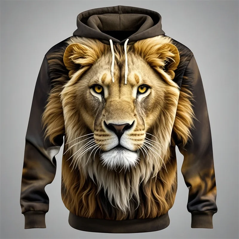 Felpa con cappuccio con stampa di testa di leone, design con motivo animale unisex