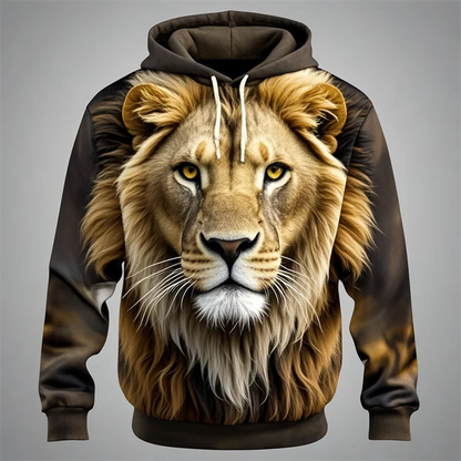 Felpa con cappuccio con stampa di testa di leone, design con motivo animale unisex